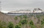 RBMN 2102 eastbound with a coal train stretched out over the Hometown high trestle